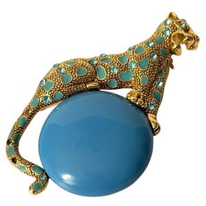 Gold Tone Blue Enamel Leopard Brooch Rhinestone Big Cat Statement Pin 2.75 Inch